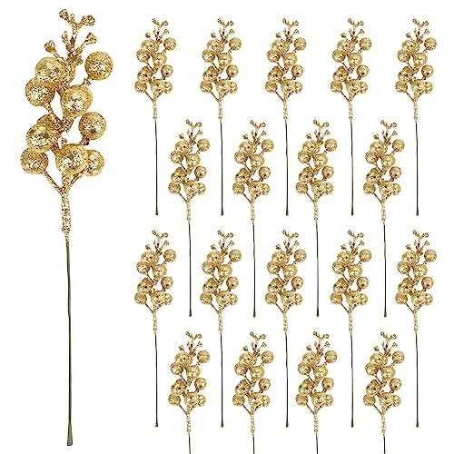 CCINEE 24 Pcs Christmas Gold Berry Stems,7.8Inch Xmas Artificial Glitter Berry Branches for Christmas Tree Ornaments DIY Xmas Wreath Crafts Home and Holiday Decor