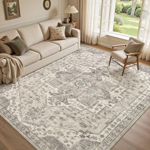 9x12 Beige Washable Vintage Area Rug for Living Room Non-Slip Carpet