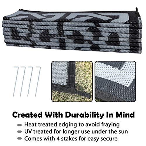 SAND MINE Reversible Plastic Straw Rug - 9' x 18' Black & Grey Outdoor Floor Mat for Patio, RV, Beach, Camping