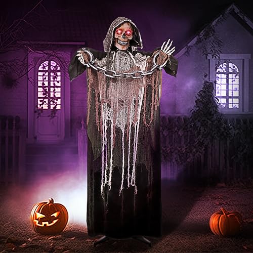 JOYIN Black Grim Reaper Halloween Outdoor Animatronic Decoration, Life Size 67" with Sound & Chain