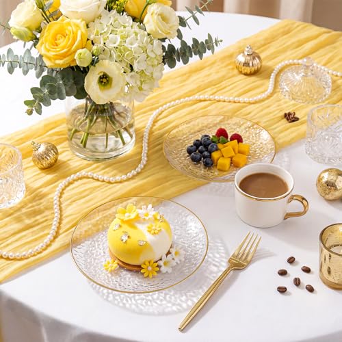 Clear Gold Dessert Plates with Forks Set - 6 Inch Hammered Plastic Party Plates & Gold Forks, Elegant Disposable Dinnerware for Weddings & Events