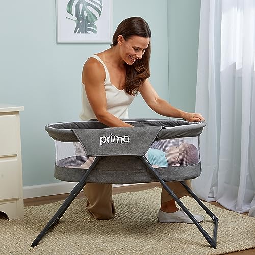 Deluxe Heather Gray Folding Travel Bassinet - Lightweight Baby Bed & Bedside Crib with Mesh Canopy