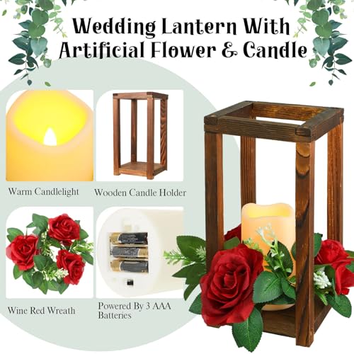 Wooden Wedding Lantern Centerpieces with Red Rose & LED Candles - Rustic Decor Set