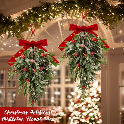 Suncalla 2-Pack 16-Inch Christmas Teardrop Mistletoe Decorations with Berries & Red Bows