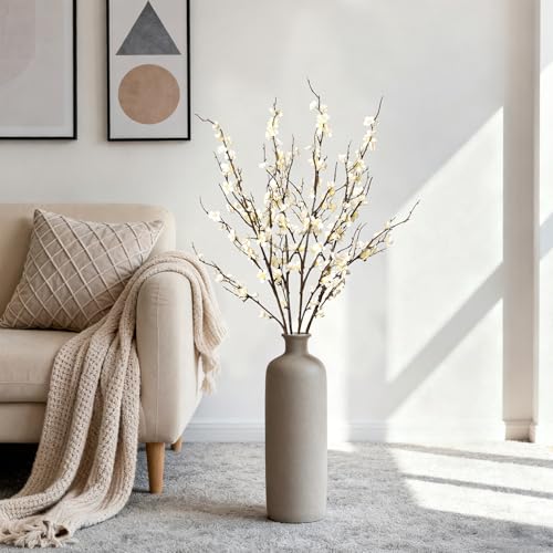 Artificial Cherry Blossom Branches - White, 4 Long Silk Flowers for Indoor Decor & Weddings