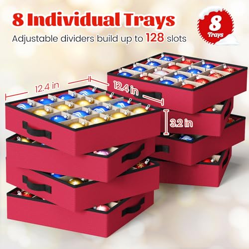 StorageRight Red Christmas Ornament Storage Box with 8 Trays & Adjustable Dividers