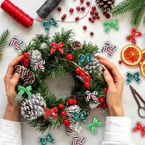 JOICEE 150 Pcs Christmas Mini Bows for Crafts, Tiny Twist Tie Bows Handmade Craft Ribbon Gift Bow with Box Stickers for DIY Sewing Gift Decorations Christmas Tree Wreath Door Garland Party Decor
