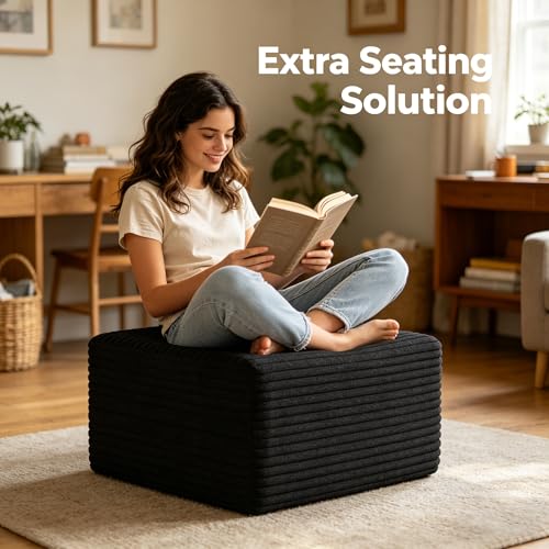 Black 25.6-Inch Boneless Corduroy Ottoman Footstool - Memory Foam Living Room Seat - Variation of THIS listing