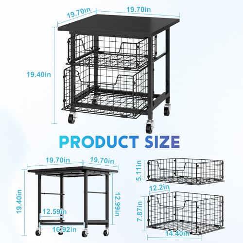 Black Mini Fridge Stand with Storage Drawers - Heavy Duty Kitchen Cart