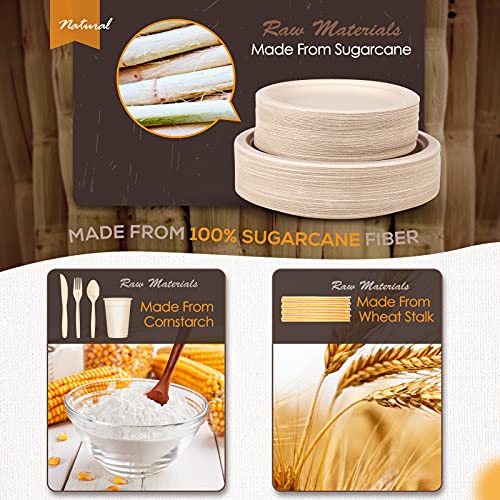 Heavy-Duty Compostable Plates Set - 350 Pieces Brown Dinnerware Utensils