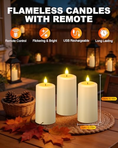 SoulBay Waterproof USB Rechargeable Flameless LED Candles - Outdoor Indoor Flickering Pillar Lights with Remote & Timer, 2.75x5.1 Inches, 4-Pack
