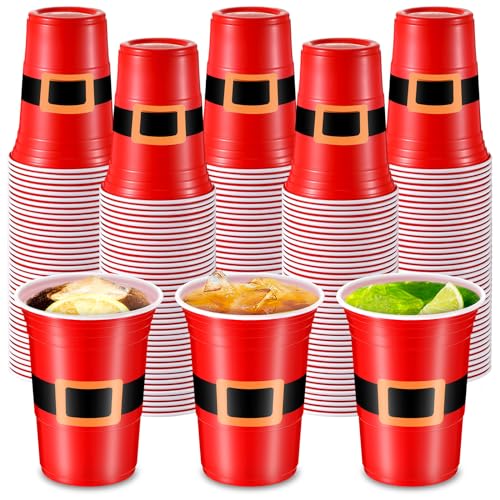 Baderke 16oz Christmas Plastic Cups with Santa Belt Design - Pack of 100