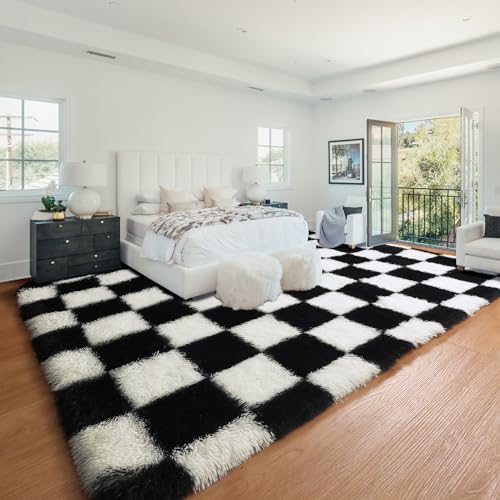 KICMOR 8x10 Black & White Checkered Shag Area Rug - Large Fluffy Plush Carpet for Living Room, Bedroom, Nursery