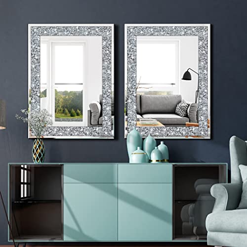 QMDECOR 32x24 Inch Rectangle Silver Mirror with Crystals Wall Decor Frameless Glam