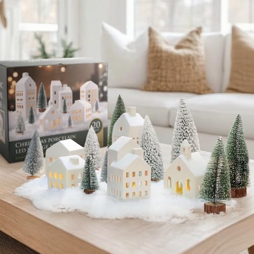 Lighted Ceramic Christmas Village Set with Houses, Trees & Remote Control