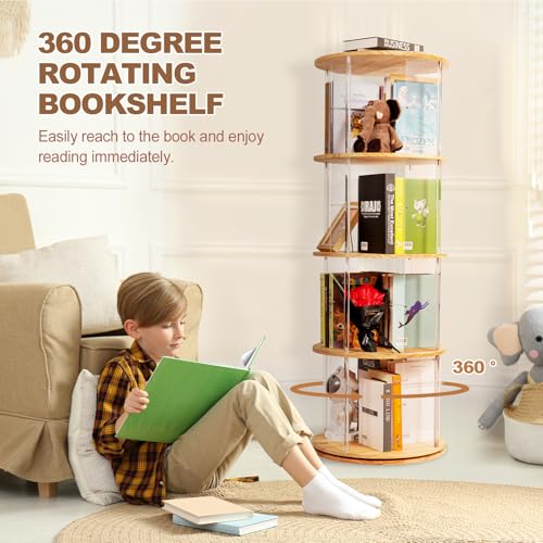 TAKEKIT 4-Tier Natural Round Rotating Bookshelf with Clear Acrylic, 360° Spinning Tower