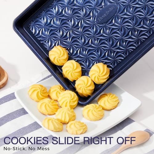 Nonstick Baking Sheet Pan Set of 3 with Floral Swirl Design - Blue, Starlight Variation