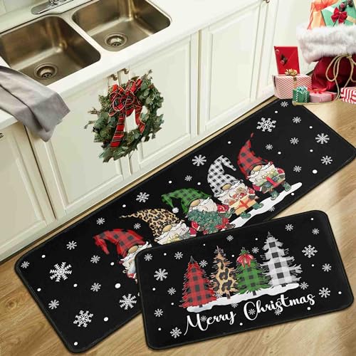 Noulmea Christmas Gnomes Kitchen Rugs Set of 2 - Black, 17x47 & 17x30 Winter Holiday Decor