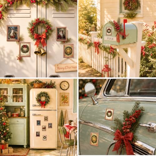 Christmas Yule Fridge Magnets Set - Vintage 3D Wooden Art Frame, 6 Pcs