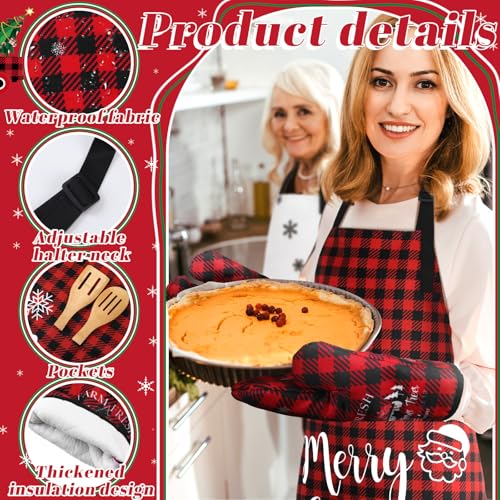 Geetery Christmas Kitchen Towel Set with Oven Mitts Pot Holders & Apron - Red & Black Plaid