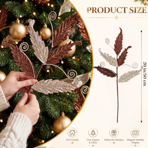 HyDren 10 Pcs Christmas Glitter Leaves Ornaments, Gold & Brown, Festive Decorations