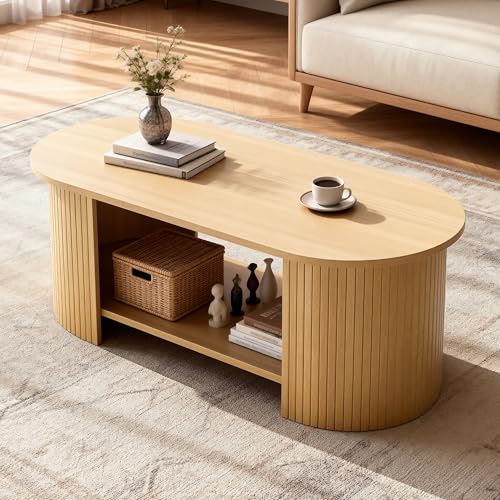 Oak MXV Oval Fluted Coffee Table 2-Tier Mid Century Modern Center Table with Storage - 42 Inches
