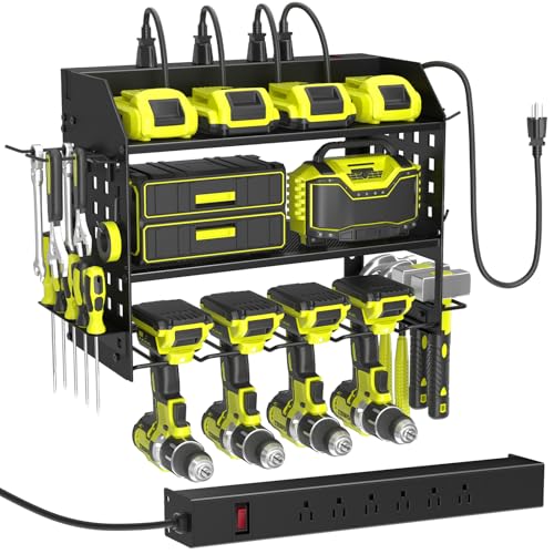 Power Tool Organizer Wall Mount with Charging Station - 3 Layers, 4 Drill Holders, Black
