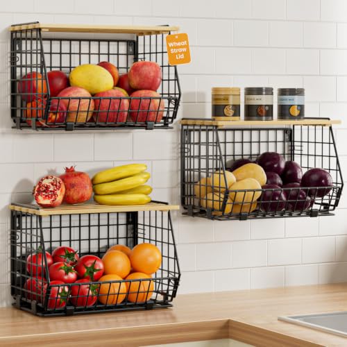 3 Pack Hanging Fruit Baskets for Kitchen Wall or Counter Storage - Black