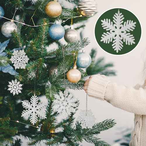 Crafare 48pcs White Plastic Glitter Snowflakes Hanging Ornaments for Christmas Tree Indoor Winter Wonderland Decor