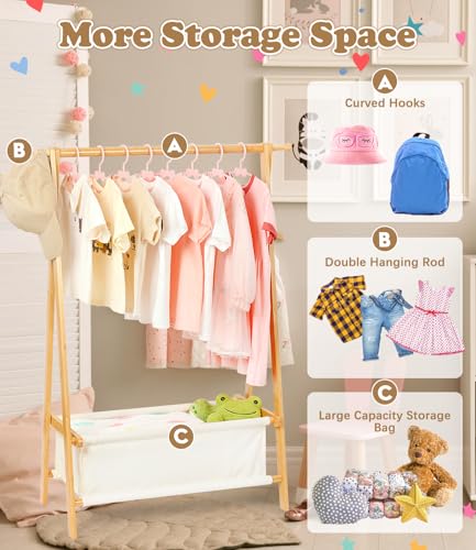 Kids Clothing Rack with Storage - Natural Bamboo, Dress Up Organizer for Children (Variation of THIS listing)