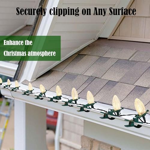 TW SHINE 50 Pack C7 C9 Christmas Light Spring Clips with Universal E12/E17 Fit, Weatherproof Shatterproof Quick-Release Gutter & Roof Clips