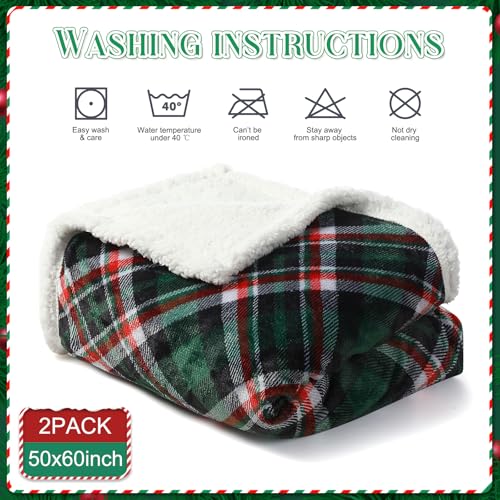 KEASKELL 2Pcs Christmas Holiday Plaid Throw Blanket Set Checkered Rustic Red Green