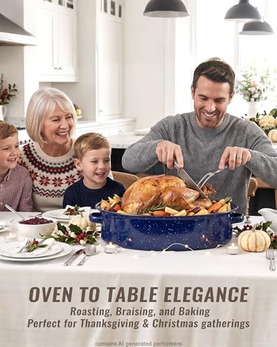 Enamel Turkey Roasting Pan with Lid & Rack - 18 Inch Large Oven Set - Midnight Blue