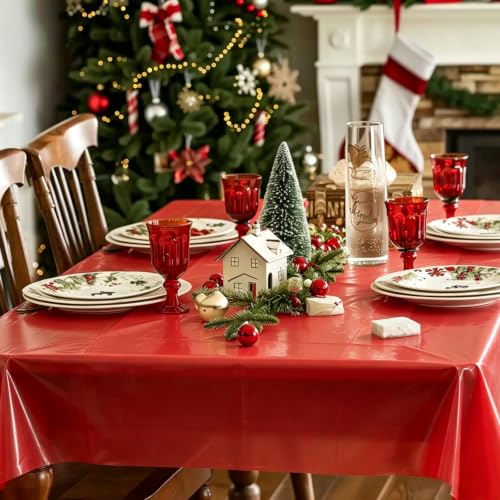 A01 Red Rectangle Disposable Tablecloth 2 Pack 54 x 108 in - Waterproof Plastic Table Cover