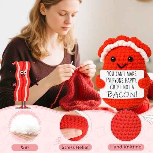 Mini Motivational Bacon Handmade Crochet Bacon for Women White Elephant Christmas Encouragement Gift for Friends Coworkers Small Birthday Back to School Gifts Cute Motivation Unique Office Desk Decor
