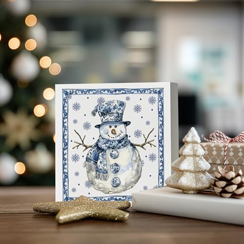 Dayouer Chinoiserie Snowman Wooden Sign - Blue & White Christmas Decor, 5x5 Inch