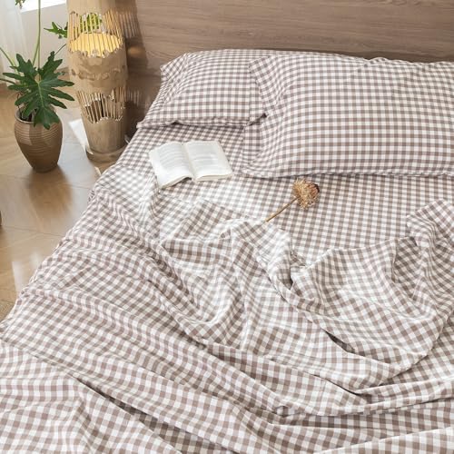 Gingham Sheet Set Queen - Classic Brown 100% Washed Cotton Deep Pocket, Lived-in Feel