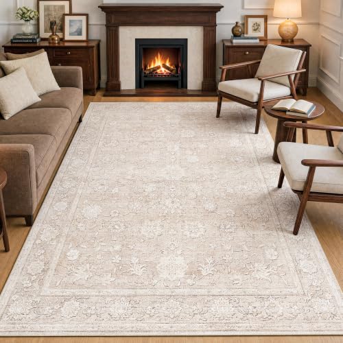 Beige 6' x 9' Floral Area Rug - Neutral Vintage Living Room Carpet