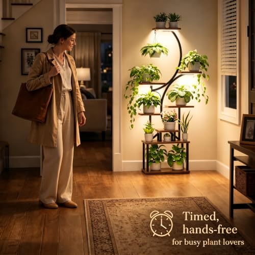 BACEKOLL S-Shape 8-Tier Indoor Plant Stand with Grow Lights, Tall Corner Shelf