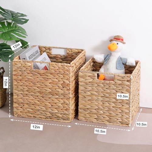 Water Hyacinth Storage Baskets Set of 3 - Collapsible Square Wicker Bins for IKEA Kallax, 10.5x10.5x10.75 Inches