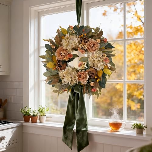 HipTree 24-Inch Fall Hydrangea and Peony Wreath - Creamy Variation 09
