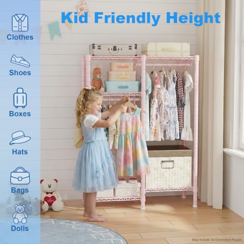 Pink Kids Clothes Rack with 4 Tiers, Metal Garment Organizer for Children's Room