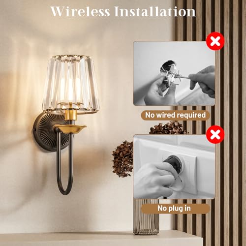KernLite Black and Gold Wireless Dimmable Wall Sconces Set of 2 with Remote, RGB & CCT Adjustable, Crystal Decor for Bedroom & Living Room
