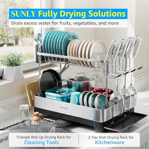Black 2-Tier Stainless Steel Dish Drying Rack - Large Capacity Kitchen Organizer