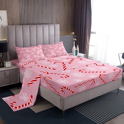 Pink Red Xmas Candy Cane Queen Bed Sheet Set - Christmas Holiday Bedding