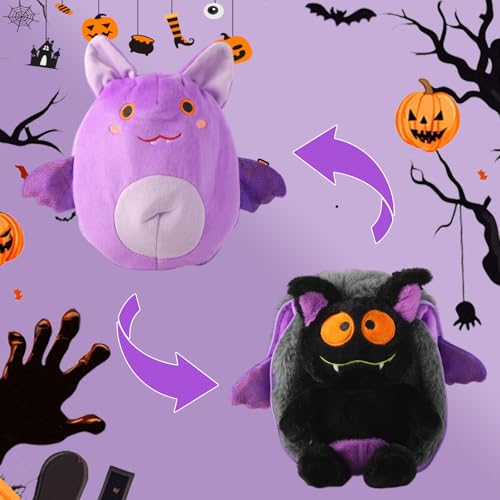 Reversible Bat Stuffed Animal, Soft Bat Plushies Pillow with Zipper, Cute Reversible Plushie Halloween Doll, 2-in-1 Christmas Birthday Gift Decorations for Boys Girls Kids