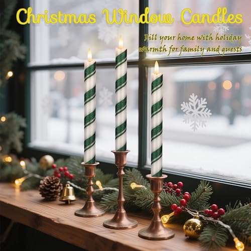 JOIONE Flameless Candles with Remote - 3 Pack Christmas Green Stripe Taper Candles