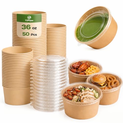 36 Oz Large Paper Bowls with Lids Bulk Pack for Hot Cold Food - 50 Pack