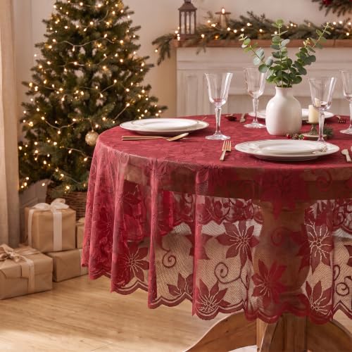 Horaldaily Christmas Lace Round Table Cloth 60x60 Inch Red - Holiday Decor