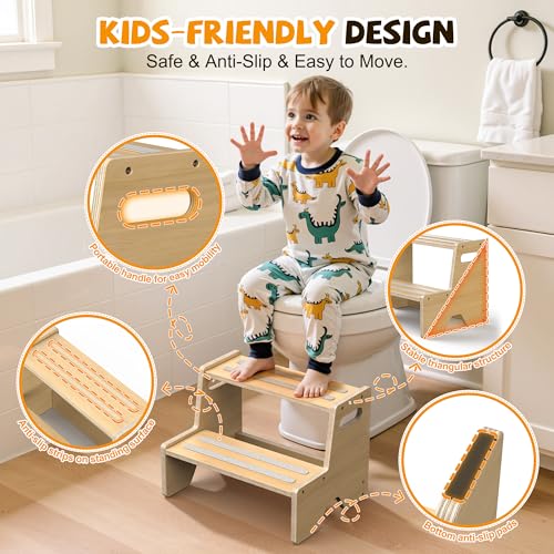 Wooden Toddler Step Stool 2-Pack Anti-Slip Potty Training Aid for Kids - Safe & Portable